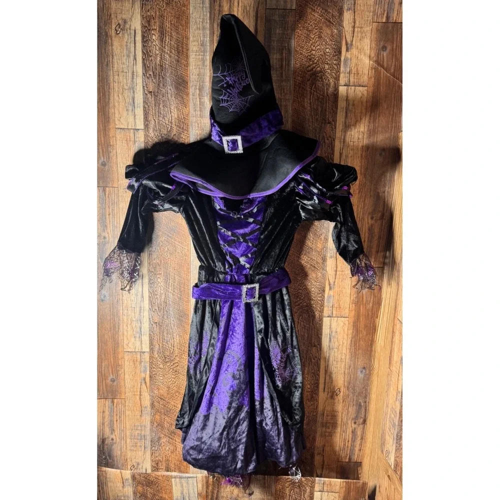 Girls Witch Halloween Costume Dress Hat Black Purple Spiderweb Size Small